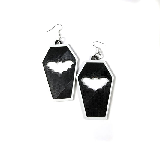 Black Bat Coffin Spooky Goth Statement Earrings 3D Printed *Final Sale*