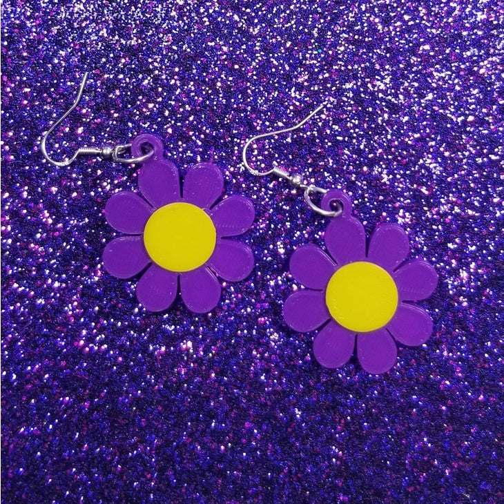 Purple Groovy Mod Flower Retro Earrings