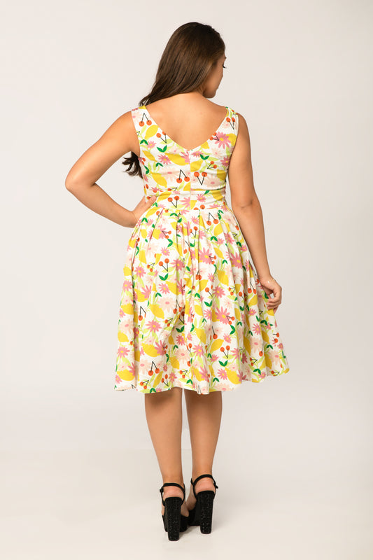 Lemon and Florals Swing Dress With Pockets