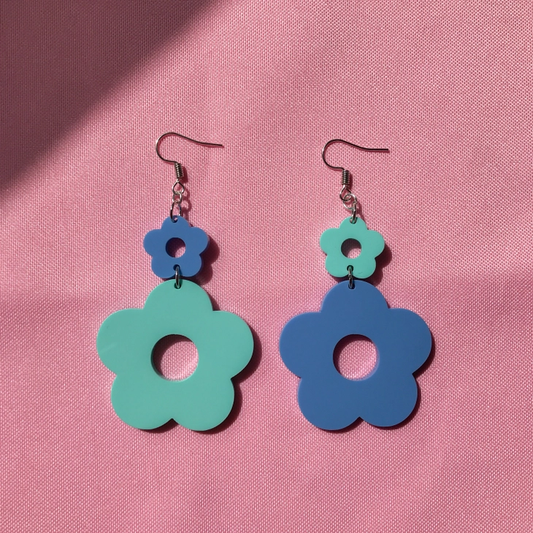 Mismatched Flower Hook Earrings - Blue and Turquoise