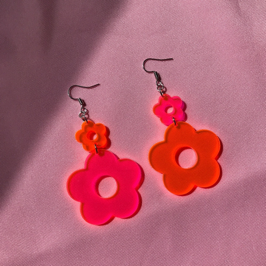Mismatched Flower Hook Earrings - Neon Pink and Orange