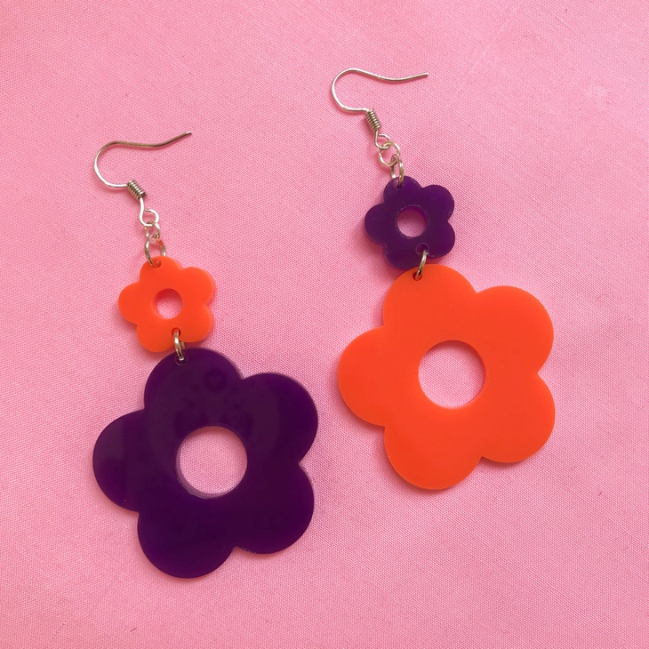 Mismatched Flower Hook Earrings - Orange and Purple