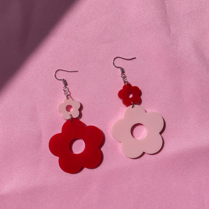Mismatched Flower Hook Earrings - Pink and Red